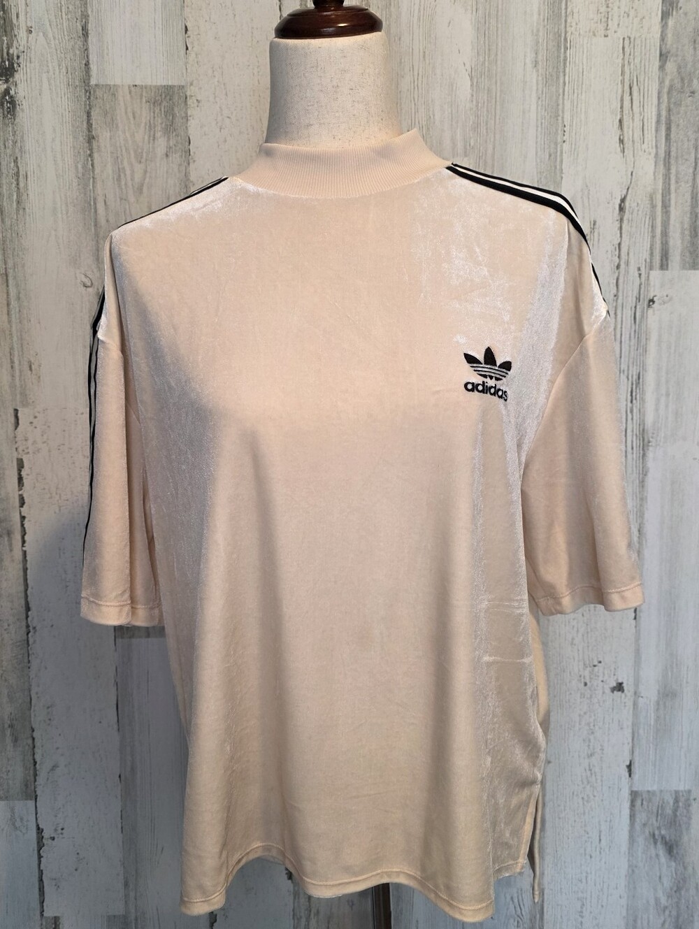 Adidas Originals Trefoil Velvet Mock Neck Top Womens M Champagne Velour 3 Stripe
